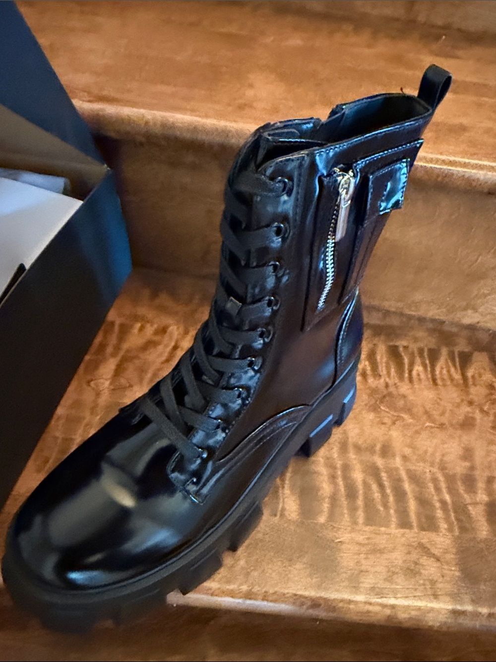 Shoe Dazzle Black Lace-Up Combat Boot with Side Zip